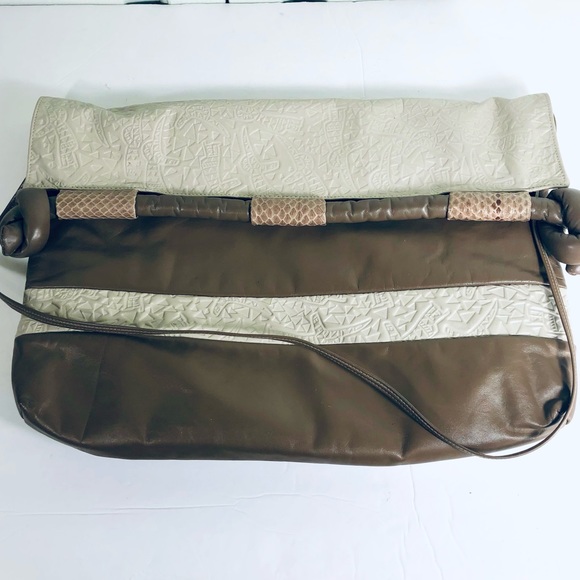 Vintage Unique Oversized Envelope Large Lined Flap Leather Bag Taupe Beige - Picture 4 of 9